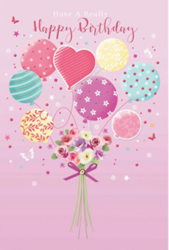 In this detailed birthday illustration, a pastel balloon bouquet appears to lift a dainty cluster of flowers, capturing the sense of a celebration ready to begin in Wanstead. The canvas is tinted a soft, comforting pink, reminiscent of an evening sky over the High Street just after the shops close. From the centre, a generous handful of balloons rises upward, overlapping in a feather-light arrangement of pale pink, teal, sea green, buttery yellow, and lilac. Each balloon is finished with its own design: candy-striped curves, playful polka dots, delicate trailing patterns, and tiny floral bursts, creating a rhythm of colour and movement that keeps the eye wandering. A heart-shaped balloon sits slightly forward, glowing with affectionate warmth at the centre of the display. Beneath the balloons, a compact bouquet of roses and daisy-like blooms holds the composition together. The flowers open in tones of cream, blush, dusky rose, and mauve, their petals shaded carefully to suggest velvety texture and depth. You can almost imagine the soft, powdery fragrance as if they had just been arranged in a Wanstead living room before guests arrive. A purple satin ribbon ties the stems into a neat bundle, the bow's loops and trailing ends shining subtly. Scattered stars and small butterflies drift through the design, like confetti caught in a gentle breeze. The overall mood is whimsical yet refined, a birthday greeting that feels hand-crafted and heartfelt, well suited to marking a special day for someone you care about in Wanstead and the surrounding neighbourhoods.