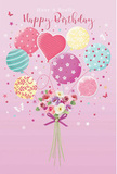 This birthday design captures the gentle joy of a pastel celebration, as though a bouquet and its balloons were just carried out of a Wanstead florist onto a quiet, leafy street. The background is a soft rose-pink wash, creating a calm setting for the colours to glow. From a central point, a cluster of balloons rises, their round shapes nested together in hues of pale pink, teal, sea green, lemon yellow, and lavender. Each balloon is decorated with its own playful touch: stripes that twist like ribbon, polka dots that seem ready to dance, little swirls, and petite floral motifs reminiscent of gardens around Wanstead Flats. A heart-shaped balloon glows gently among them, adding an unmistakably affectionate note. Below, a small bouquet of roses and anemone-like blooms forms a tidy base. The flowers appear in creamy ivory, blush, and soft mauve, their petals finely layered and feathery, suggesting the care of an experienced florist. A violet satin bow gathers the stems tightly, its smooth texture and slight sparkle echoing the shine on the balloons above. Tiny butterflies and starry flecks are scattered around the arrangement, conveying a touch of fairy-tale wonder, as if the scene were plucked from a cherished birthday memory. The overall effect is light, uplifting, and quietly elegant-a painted moment that turns a simple birthday card into a warm, thoughtful gesture for someone in Wanstead or just beyond.